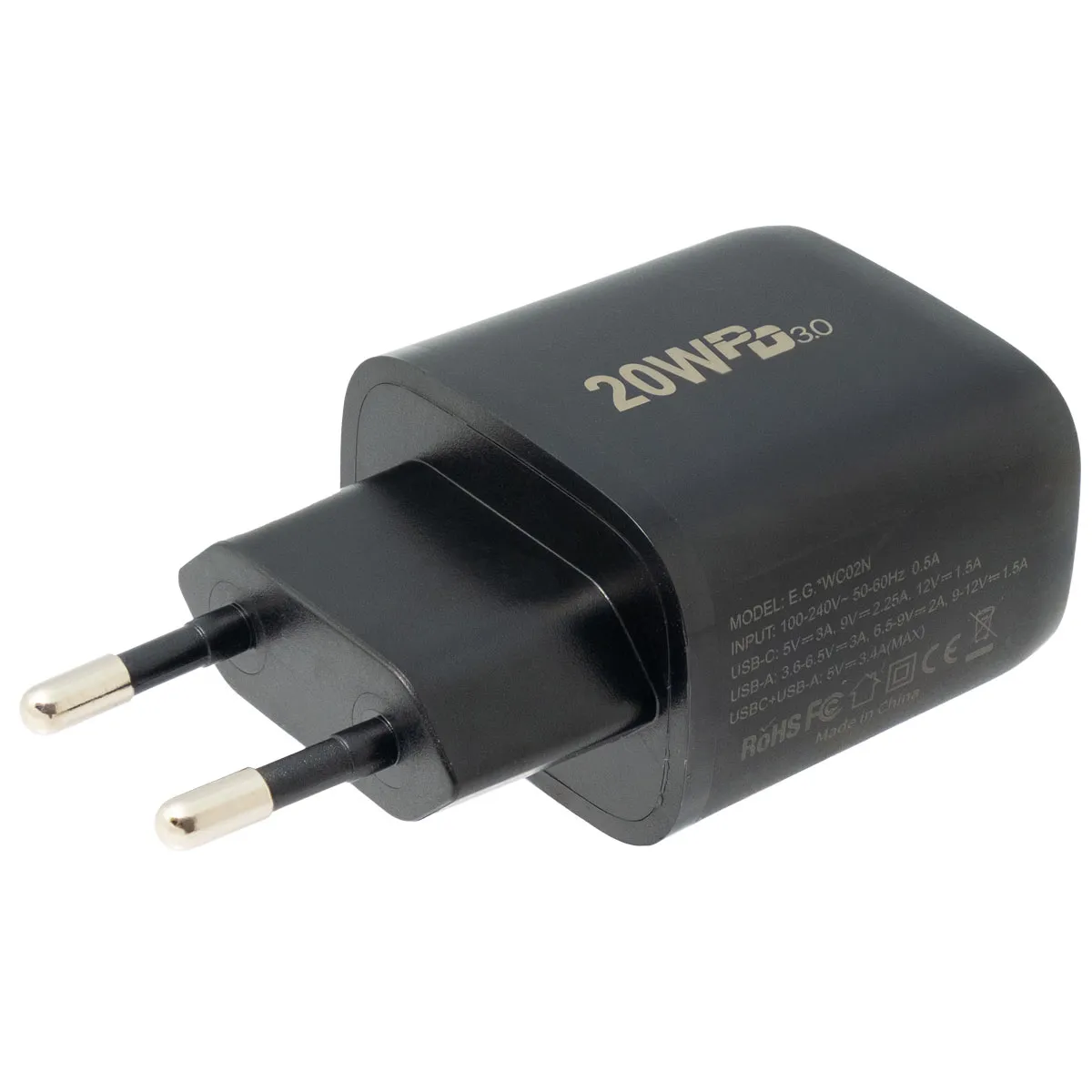 Cargador de pared con USB-C y USB-A 20W, Negro — imagen 2
