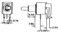 INTERRUPTOR MINI 6P. (DPDT) ON-ON , ACODADO, C.I., 120V. 3A, PARA CIRCUITO IMPRESO