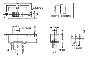 Interruptor deslizante ON-ON (2P2T) compacto para PCB de 6 pines