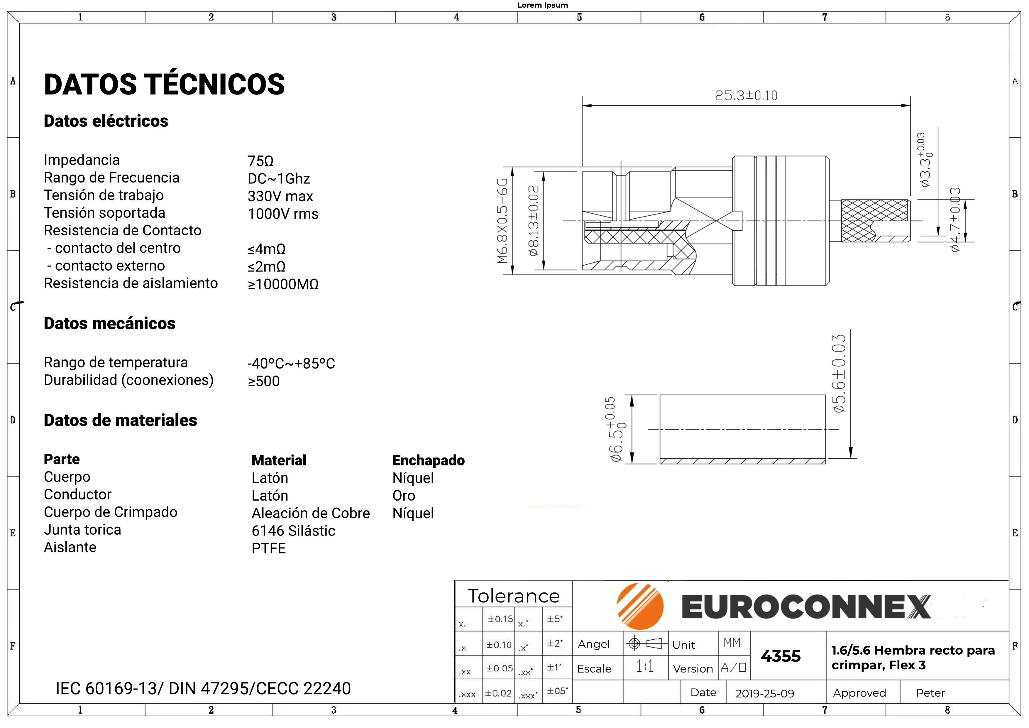 Conector 1.6/5.6 HEMBRA CRIMPAR, para RG174 / RG59 (FLEX 3)