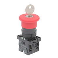 Interruptor parada de emergencia con llave [seta Ø40mm, rosca 22mm]; 1 x NO (Circuito Abierto) + 1 x NC (Circuito Cerrado)