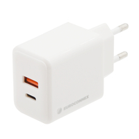 Cargador Rápido GaN de 20W con Doble Puerto, Blanco | USB-C PD3.0 y USB-A QC3.0 con PPS