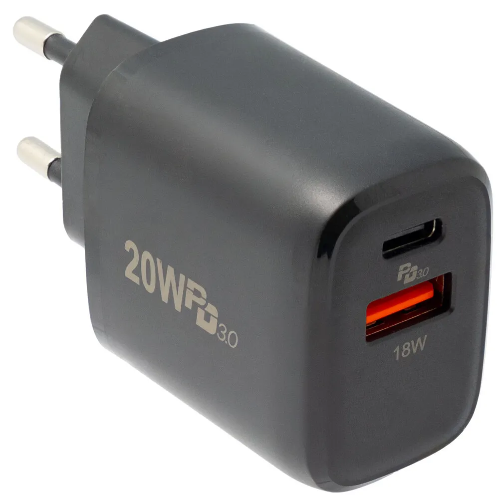 Cargador de pared con USB-C y USB-A 20W, Negro